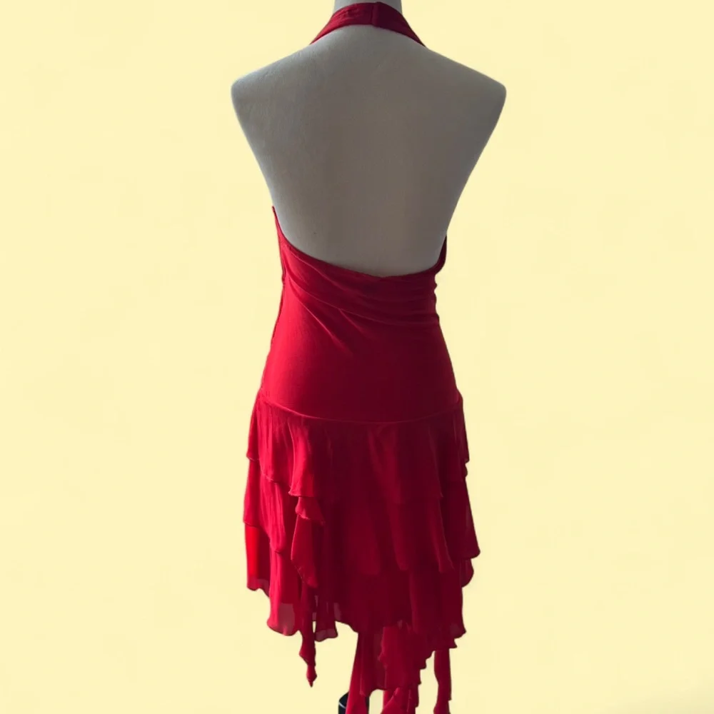 Vintage y2K Red Halter Dress w/ Ruffles & Asymmetrical Hem Coquette Fairycore